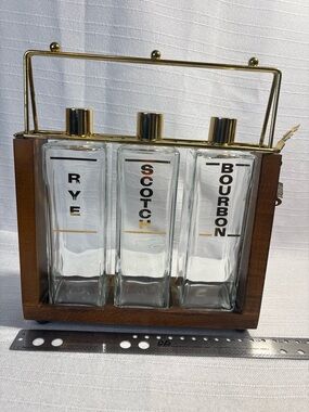 Vintage Liquor Decanter Set Wood Brass Glass Lockable Caddy EUC